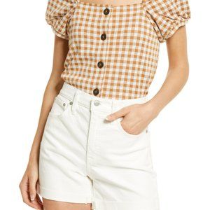 Madewell Gingham Jacquard Square Neck Puff Sleeve Top In Saddle Brown